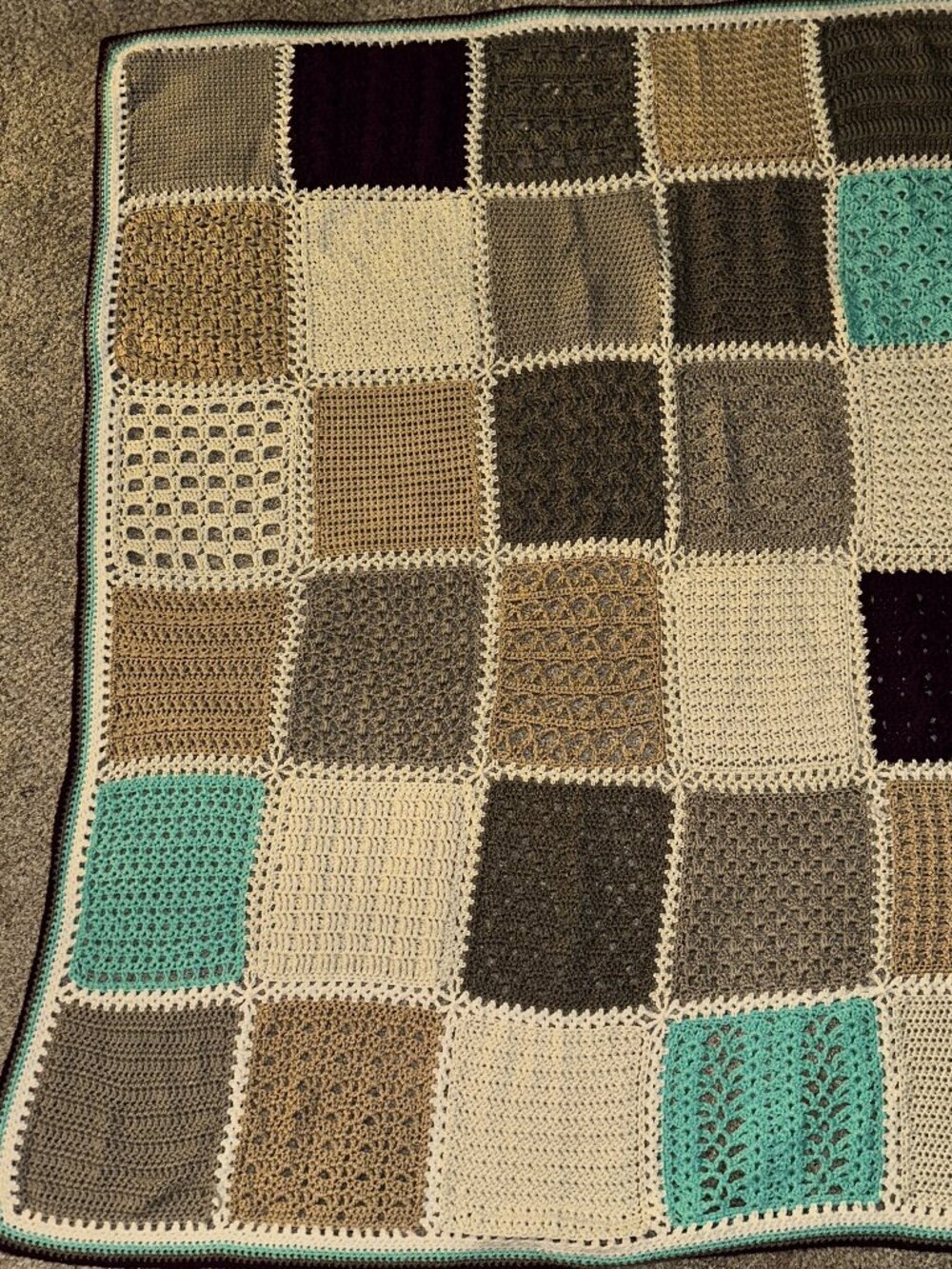 GORGEOUS patchwork HANDMADE CROCHET crocheted AFGHAN tan teal black white